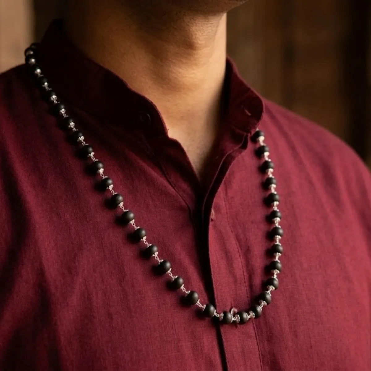Karungali Ebony Wood Mala With Silver-Finish Spacers