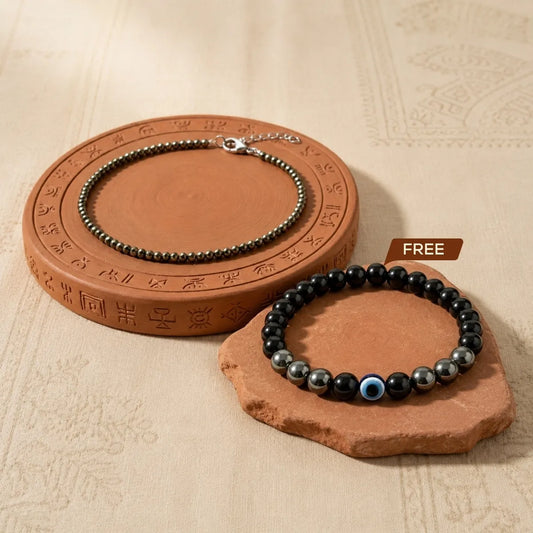 Natural Pyrite Anklet + FREE Natural Evil Eye Hematite Bracelet (Wealth + Protection Combo)