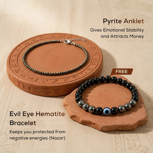 Natural Pyrite Anklet + FREE Natural Evil Eye Hematite Bracelet (Wealth + Protection Combo)
