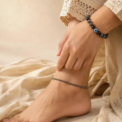 Natural Pyrite Anklet + FREE Natural Evil Eye Hematite Bracelet (Wealth + Protection Combo)