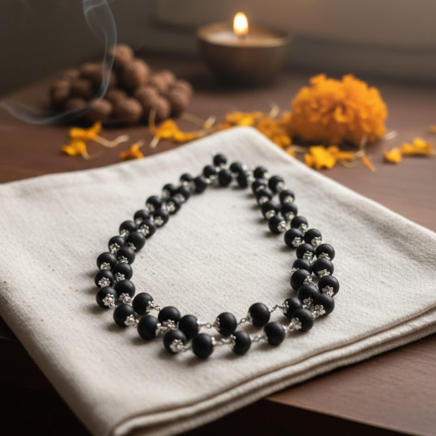 Natural Karungali Malai Ebony Wood (Silver Finish)