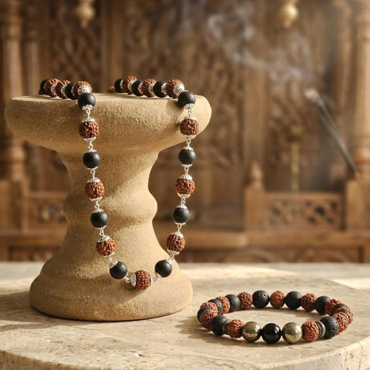 Natural Rudraksha Karungali Malai + Rudraksha Pyrite Bracelet Combo
