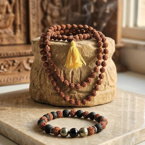 Natural 5 Mukhi Rudraksha Mala + Rudraksha Pyrite Bracelet Combo