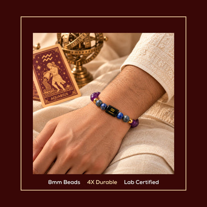 Natural Aquarius (कुंभ राशि) Amethyst & Lapis Lazuli Zodiac Bracelet – Lab Certified Stones with FREE Raw Selenite Plate