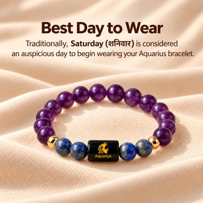 Natural Aquarius (कुंभ राशि) Amethyst & Lapis Lazuli Zodiac Bracelet – Lab Certified Stones with FREE Raw Selenite Plate