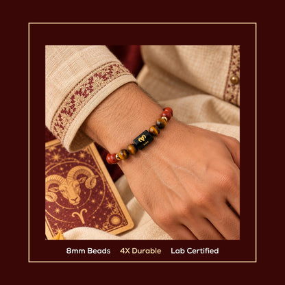 Natural Aries (मेष राशि) Red Jasper & Tiger Eye Zodiac Bracelet – Lab Certified Stones with FREE Raw Selenite Plate
