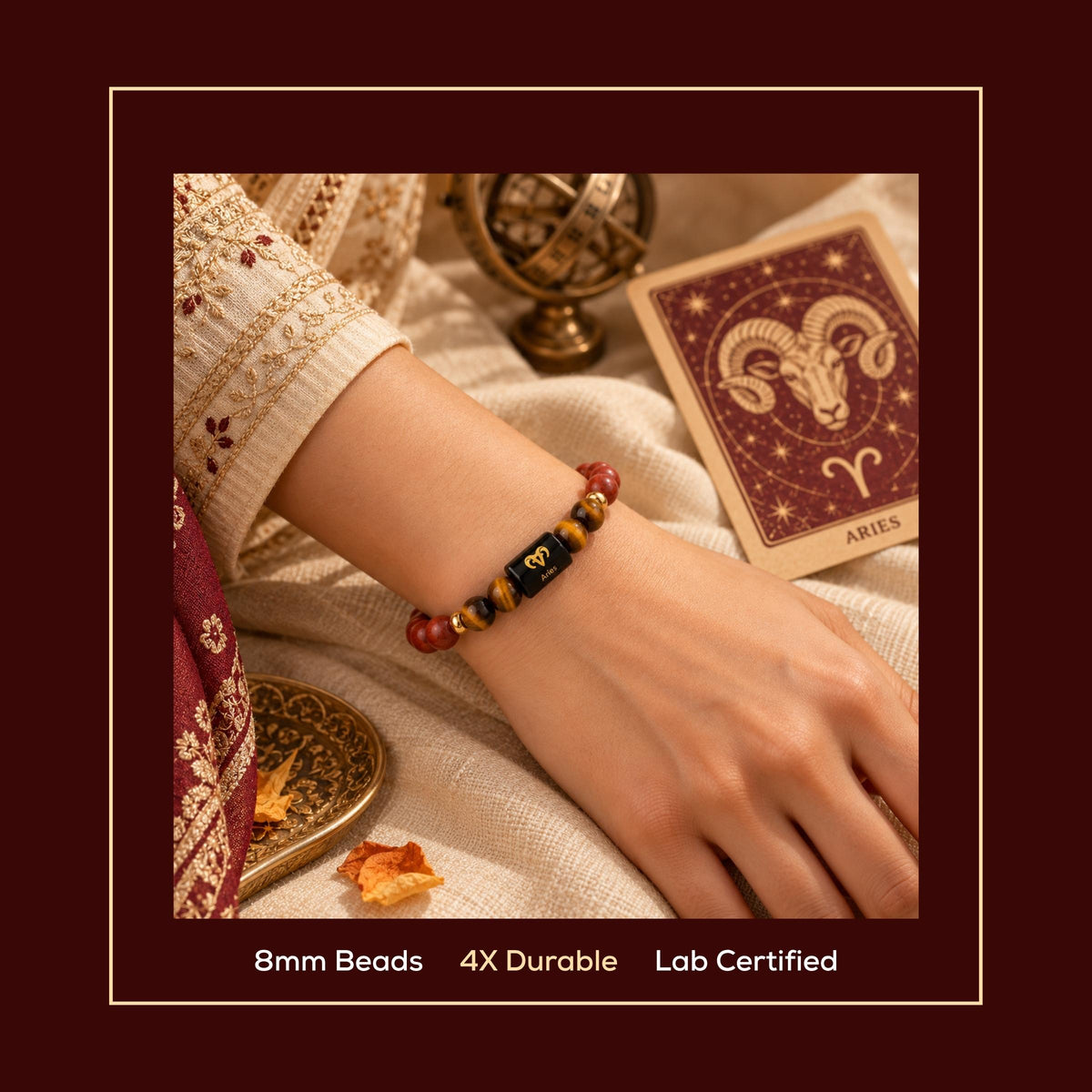 Natural Aries (मेष राशि) Red Jasper & Tiger Eye Zodiac Bracelet – Lab Certified Stones with FREE Raw Selenite Plate