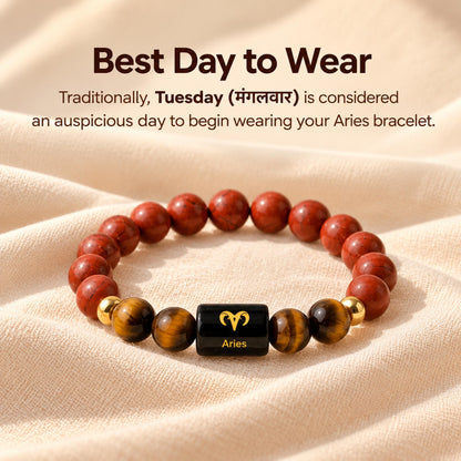 Natural Aries (मेष राशि) Red Jasper & Tiger Eye Zodiac Bracelet – Lab Certified Stones with FREE Raw Selenite Plate