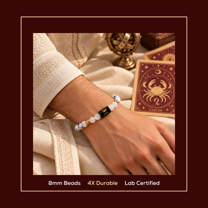 Natural Cancer (कर्क राशि) Howlite & Milky Quartz Zodiac Bracelet – Lab Certified Stones with FREE Raw Selenite Plate