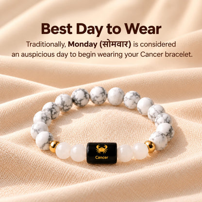 Natural Cancer (कर्क राशि) Howlite & Milky Quartz Zodiac Bracelet – Lab Certified Stones with FREE Raw Selenite Plate