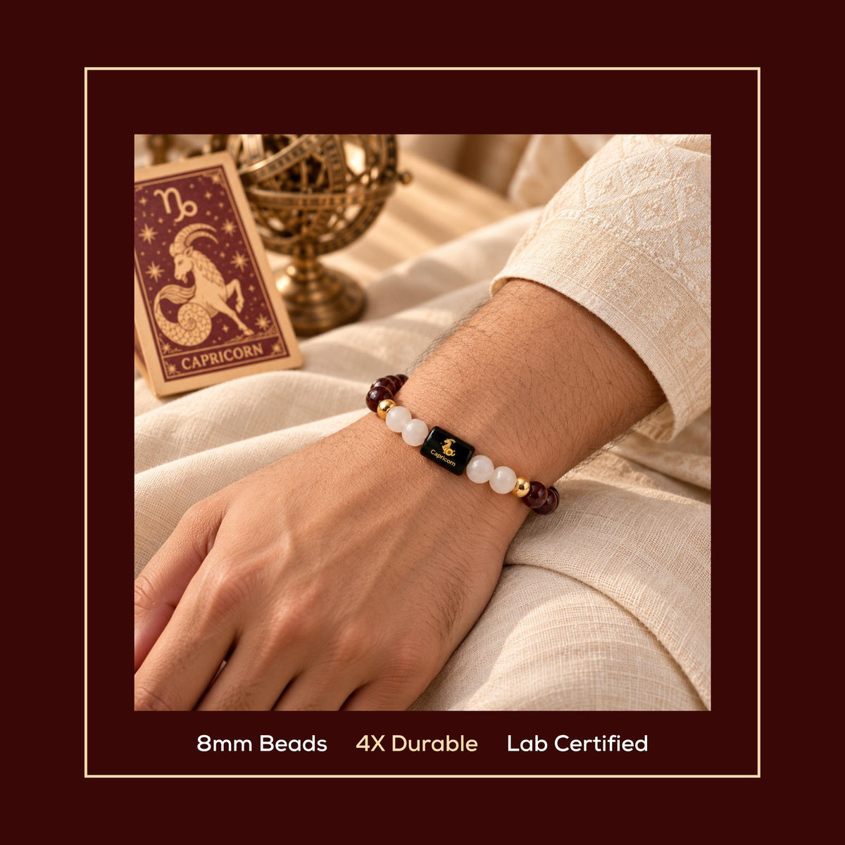 Natural Capricorn (मकर राशि) Garnet & Milky Quartz Zodiac Bracelet – Lab Certified Stones with FREE Raw Selenite Plate