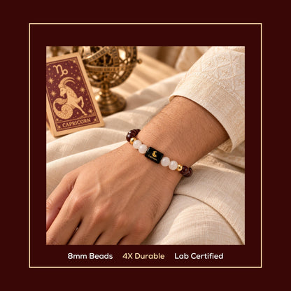 Natural Capricorn (मकर राशि) Garnet & Milky Quartz Zodiac Bracelet – Lab Certified Stones with FREE Raw Selenite Plate