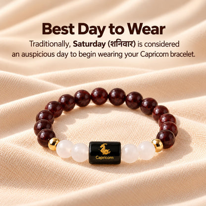 Natural Capricorn (मकर राशि) Garnet & Milky Quartz Zodiac Bracelet – Lab Certified Stones with FREE Raw Selenite Plate