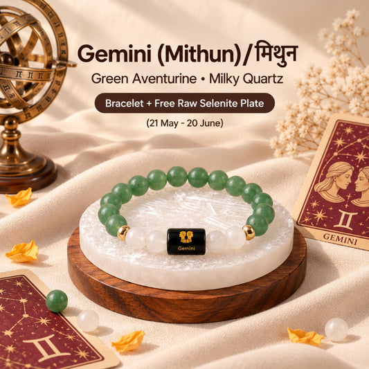 Natural Gemini (मिथुन राशि) Green Aventurine & Milky Quartz Zodiac Bracelet – Lab Certified Stones with FREE Raw Selenite Plate