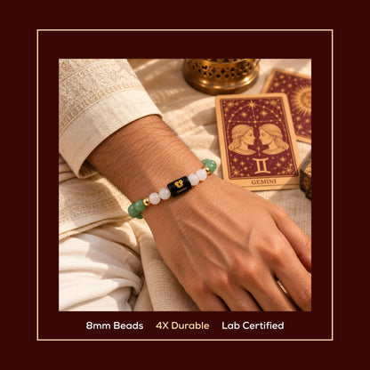 Natural Gemini (मिथुन राशि) Green Aventurine & Milky Quartz Zodiac Bracelet – Lab Certified Stones with FREE Raw Selenite Plate