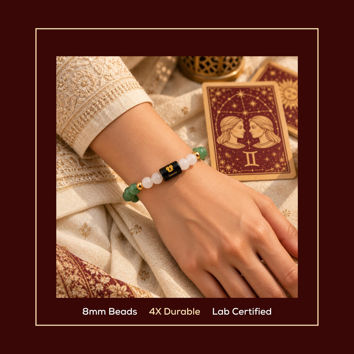 Natural Gemini (मिथुन राशि) Green Aventurine & Milky Quartz Zodiac Bracelet – Lab Certified Stones with FREE Raw Selenite Plate