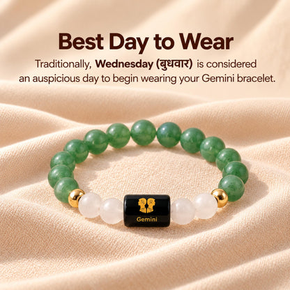 Natural Gemini (मिथुन राशि) Green Aventurine & Milky Quartz Zodiac Bracelet – Lab Certified Stones with FREE Raw Selenite Plate