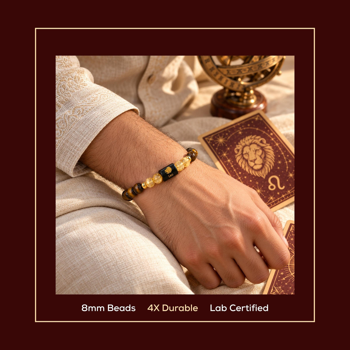 Natural Leo (सिंह राशि) Tiger Eye & Citrine Zodiac Bracelet – Lab Certified Stones with FREE Raw Selenite Plate