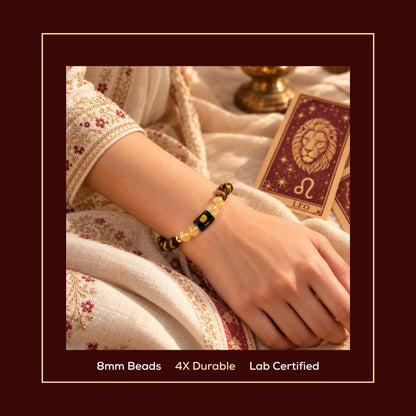 Natural Leo (सिंह राशि) Tiger Eye & Citrine Zodiac Bracelet – Lab Certified Stones with FREE Raw Selenite Plate