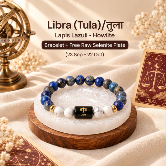 Natural Libra (तुला राशि) Lapis Lazuli & Howlite Zodiac Bracelet – Lab Certified Stones with FREE Raw Selenite Plate