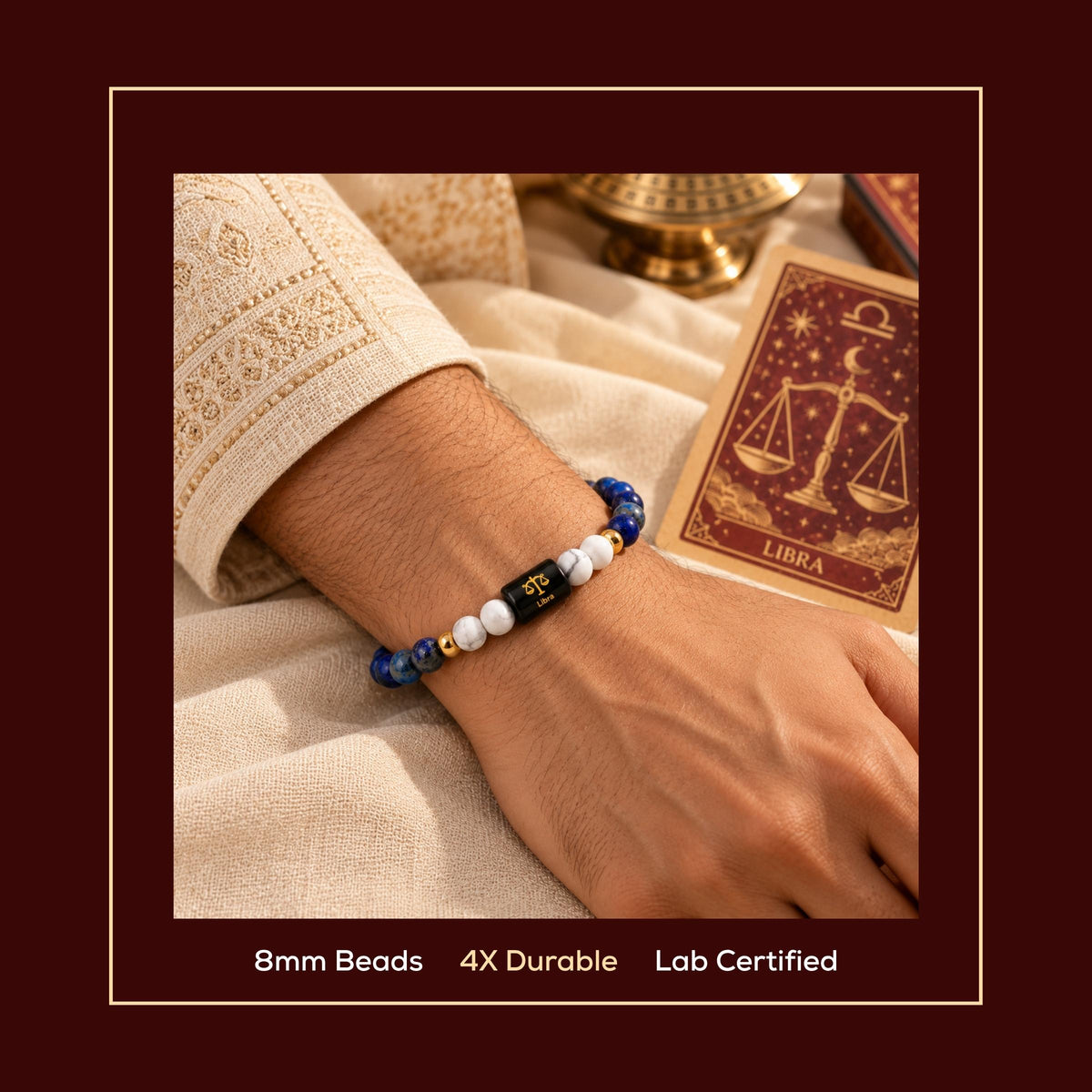 Natural Libra (तुला राशि) Lapis Lazuli & Howlite Zodiac Bracelet – Lab Certified Stones with FREE Raw Selenite Plate