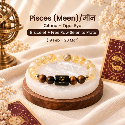 Natural Pisces (मीन राशि) Citrine & Tiger Eye Zodiac Bracelet – Lab Certified Stones with FREE Raw Selenite Plate