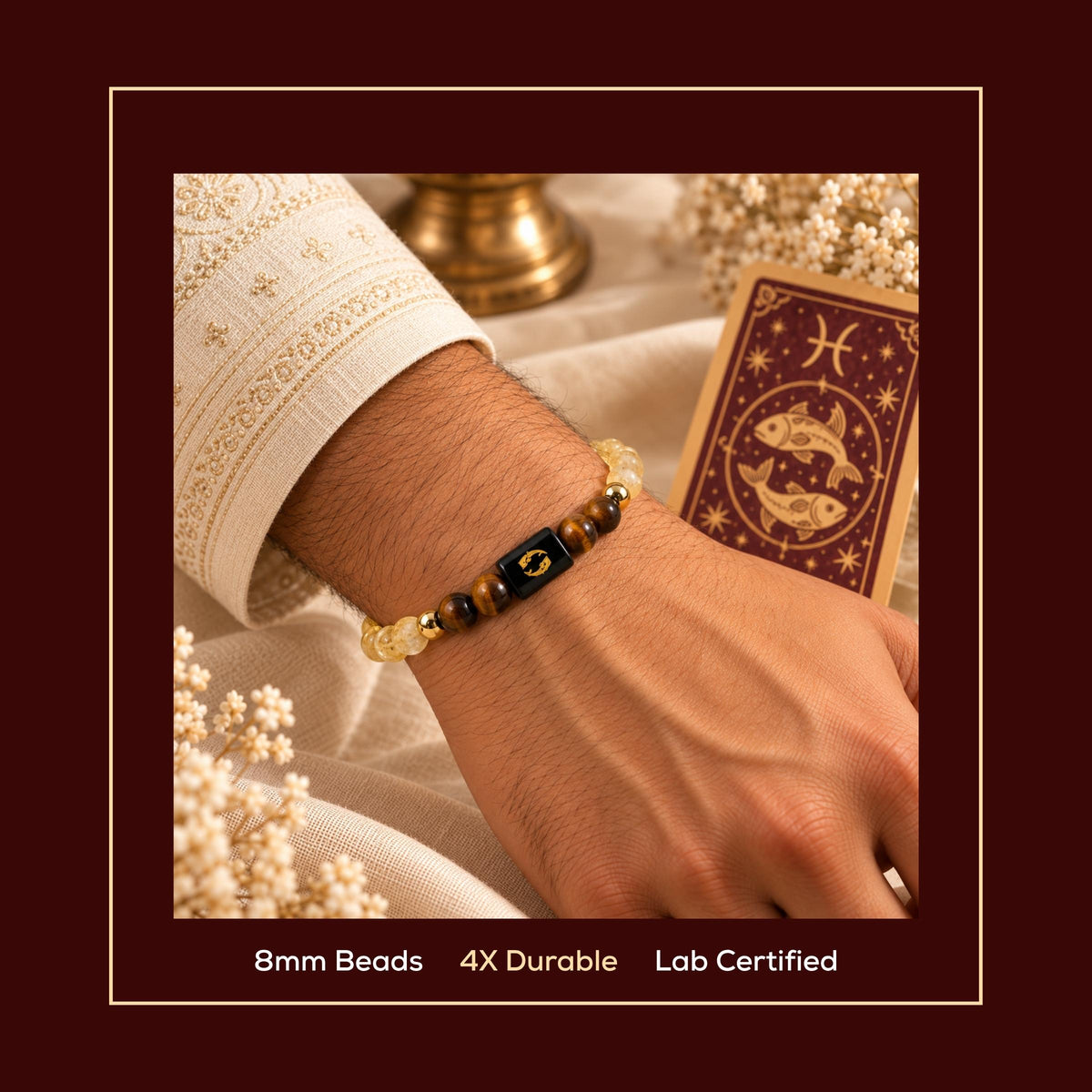 Natural Pisces (मीन राशि) Citrine & Tiger Eye Zodiac Bracelet – Lab Certified Stones with FREE Raw Selenite Plate