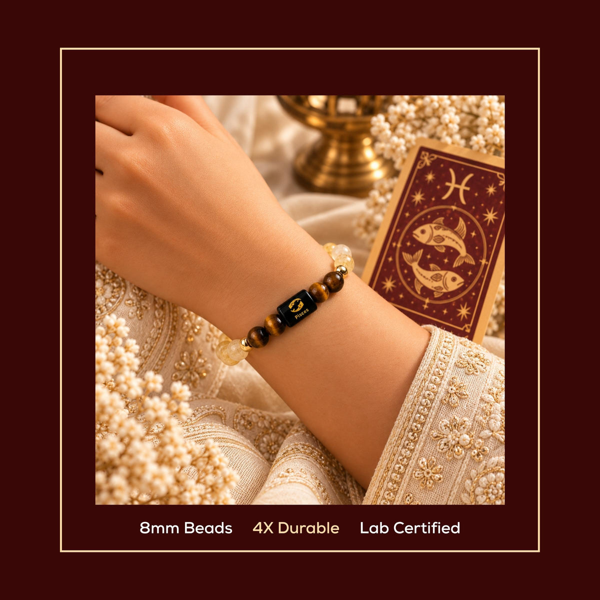 Natural Pisces (मीन राशि) Citrine & Tiger Eye Zodiac Bracelet – Lab Certified Stones with FREE Raw Selenite Plate
