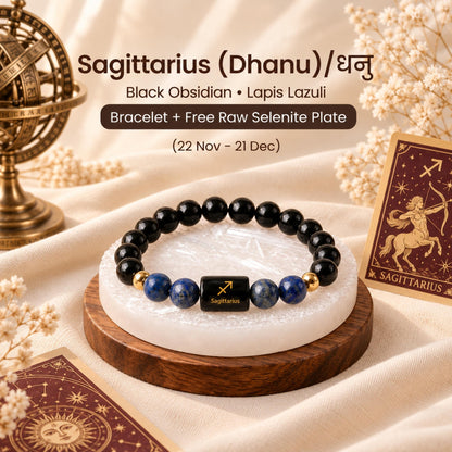Natural Sagittarius (धनु राशि) Black Obsidian & Lapis Lazuli Zodiac Bracelet – Lab Certified Stones with FREE Raw Selenite Plate