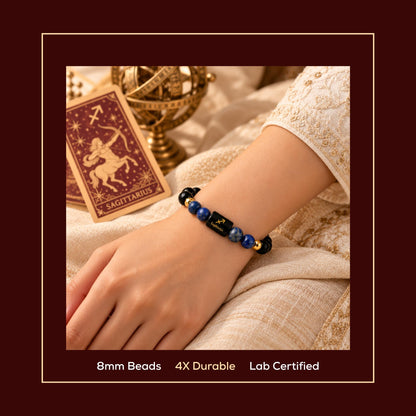 Natural Sagittarius (धनु राशि) Black Obsidian & Lapis Lazuli Zodiac Bracelet – Lab Certified Stones with FREE Raw Selenite Plate
