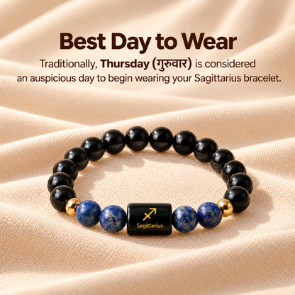 Natural Sagittarius (धनु राशि) Black Obsidian & Lapis Lazuli Zodiac Bracelet – Lab Certified Stones with FREE Raw Selenite Plate