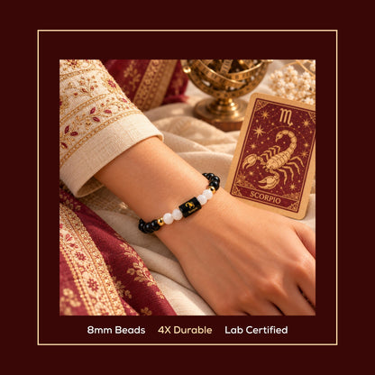 Natural Scorpio (वृश्चिक राशि) Black Obsidian & Milky Quartz Zodiac Bracelet – Lab Certified Stones with FREE Raw Selenite Plate