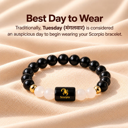 Natural Scorpio (वृश्चिक राशि) Black Obsidian & Milky Quartz Zodiac Bracelet – Lab Certified Stones with FREE Raw Selenite Plate
