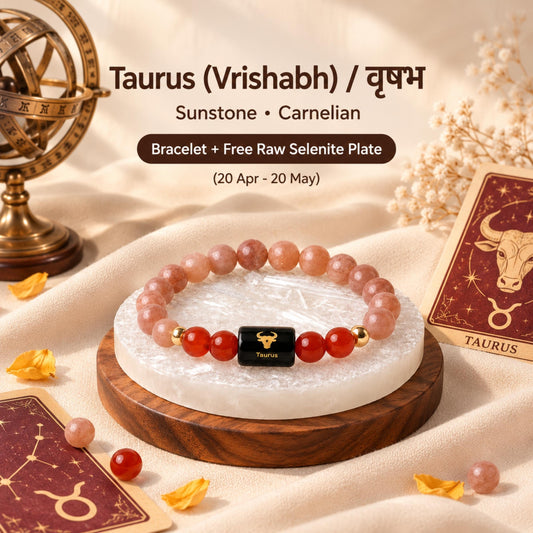 Natural Taurus (वृषभ राशि) Sunstone & Carnelian Zodiac Bracelet – Lab Certified Stones with FREE Raw Selenite Plate
