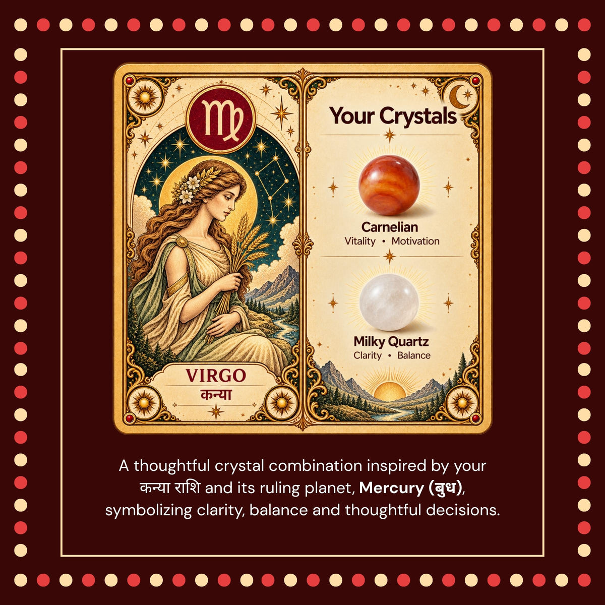 Natural Virgo (कन्या राशि) Carnelian & Milky Quartz Zodiac Bracelet – Lab Certified Stones with FREE Raw Selenite Plate