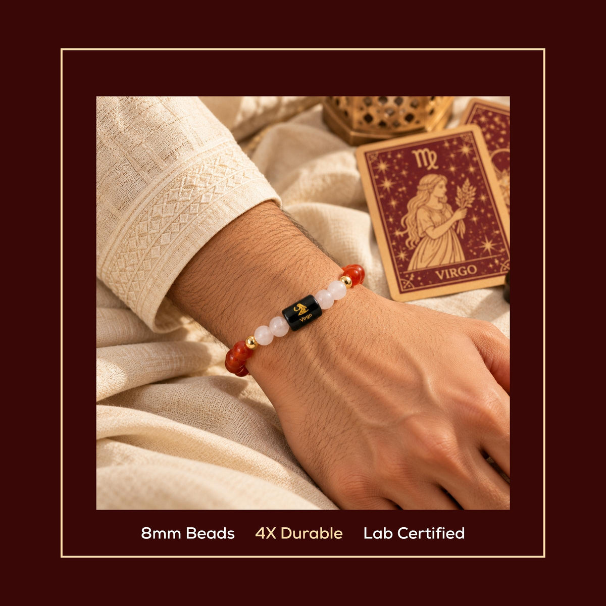 Natural Virgo (कन्या राशि) Carnelian & Milky Quartz Zodiac Bracelet – Lab Certified Stones with FREE Raw Selenite Plate