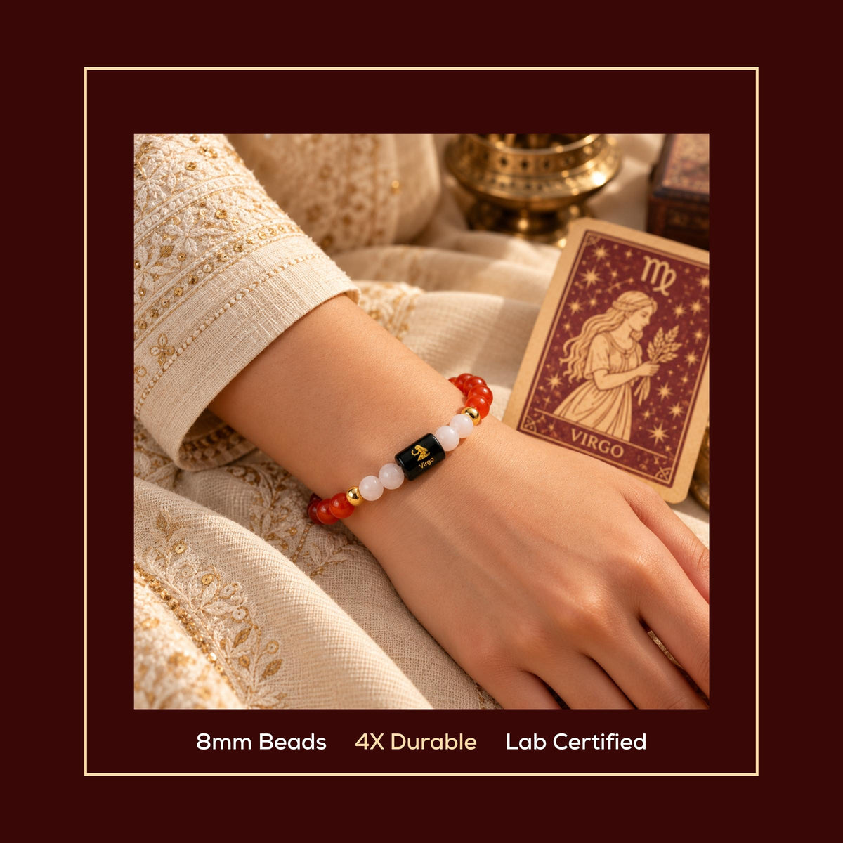 Natural Virgo (कन्या राशि) Carnelian & Milky Quartz Zodiac Bracelet – Lab Certified Stones with FREE Raw Selenite Plate