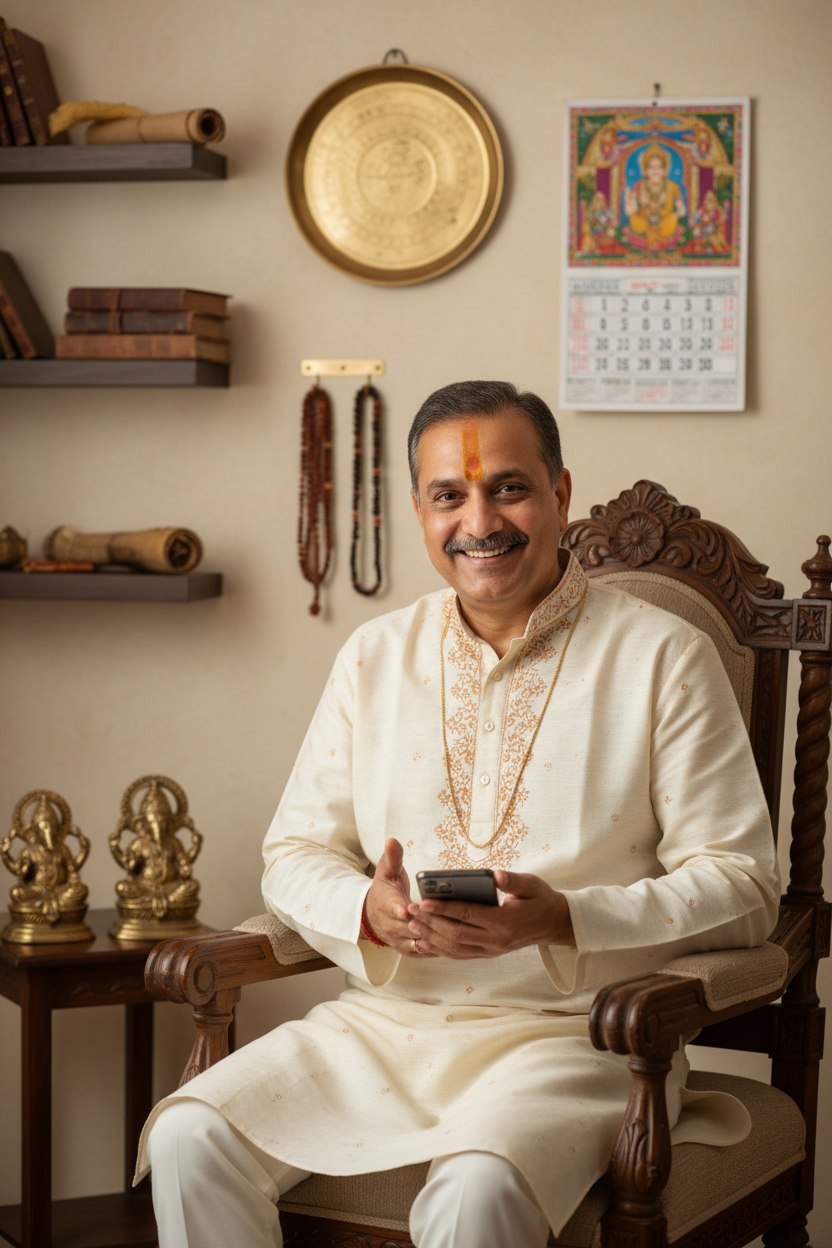 generate-one-9:16-image-of-a-indian-astrologer-with-astrological-background-and-sitting-on-a-chair-with-phone-image-should-look-approachable-like-he-is-saying-you-can-message-me-He should look like real indian astrologer