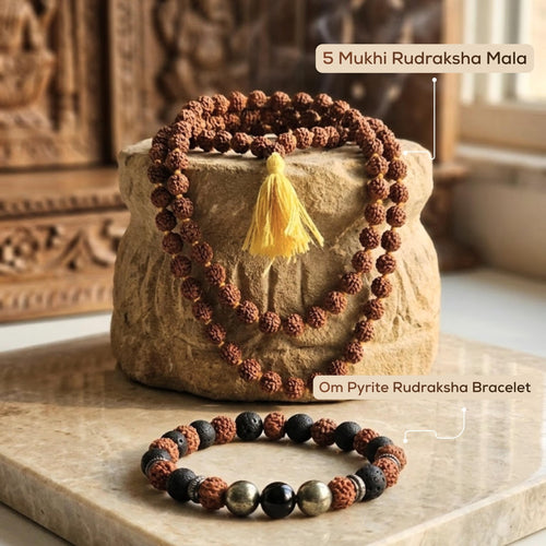 Natural 5 Mukhi Rudraksha Mala + Rudraksha Pyrite Bracelet Combo - Akshmala.in