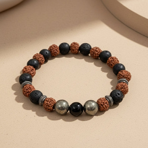 Natural 5 Mukhi Rudraksha Mala + Rudraksha Pyrite Bracelet Combo - Akshmala.in