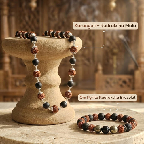 Natural Rudraksha Karungali Malai + Rudraksha Pyrite Bracelet Combo - Akshmala.in